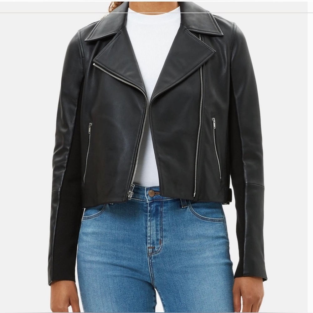 Theory NEW Slim Fit Black Leather Moto Jacket Size S